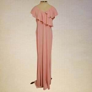 Pink Ruffle Maxi Dress Off Shoulder V Neck Stretchy Gown Size Medium